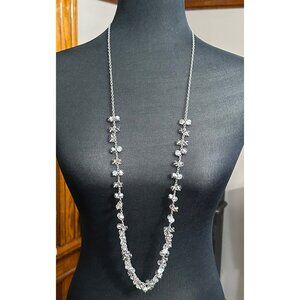 NY & Co Necklace Women 41" Silver Tine Gray Iridescent Faceted Beaded Long